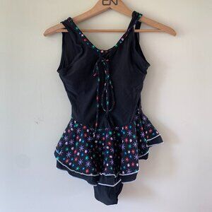 Vintage 1960s one piece swimsuit black with floral - swim swimwear small
